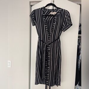 LOFT Black and White Buttoned Tie Front Midi Dress